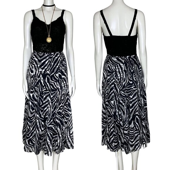 Navy Blue Zebra Print Silk Blend A Line Meurice Midi Skirt. Small 6. Boho Flowy - Picture 9 of 12